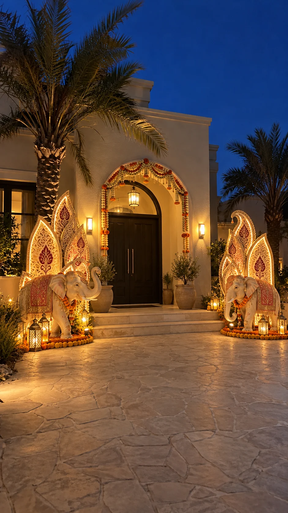 Private villa design concept with golden elephants and a pathway of diyas