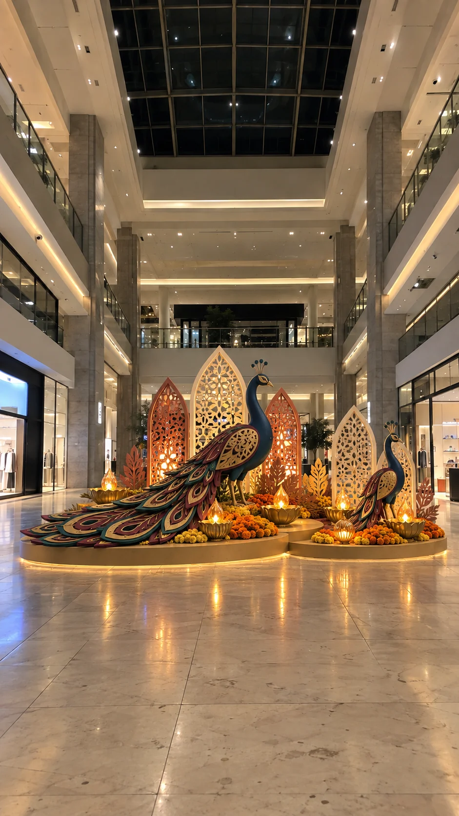 Shopping mall design concept with illuminated peacocks and traditional Diwali motifs