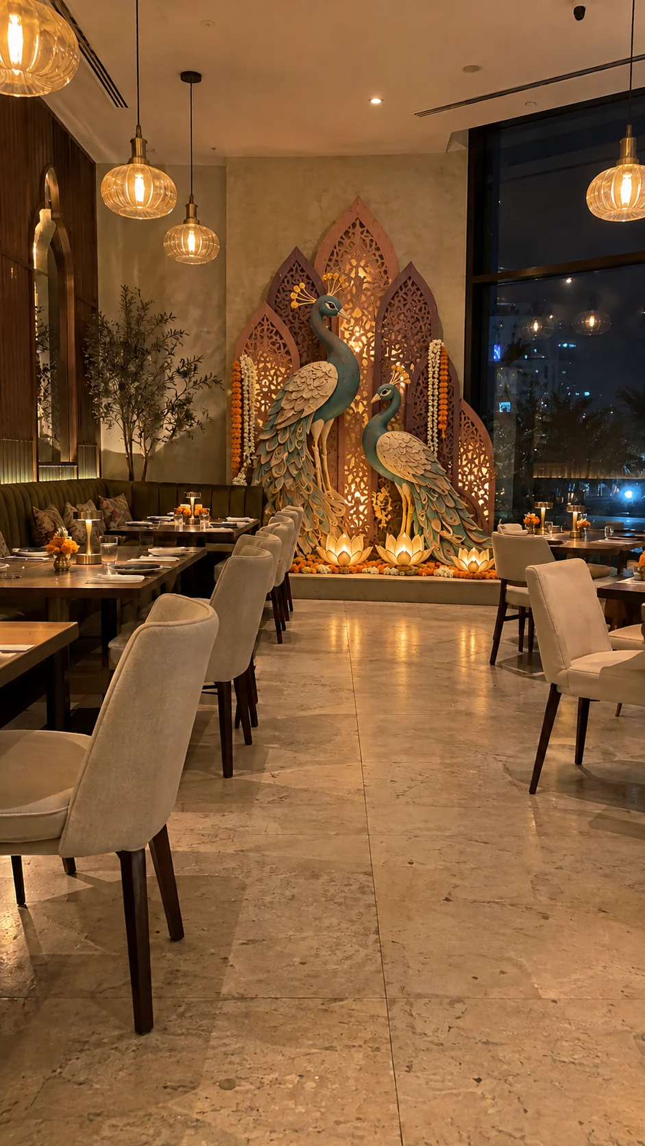 Diwali restaurant design concept with floral garlands, peacock motifs and candlelight