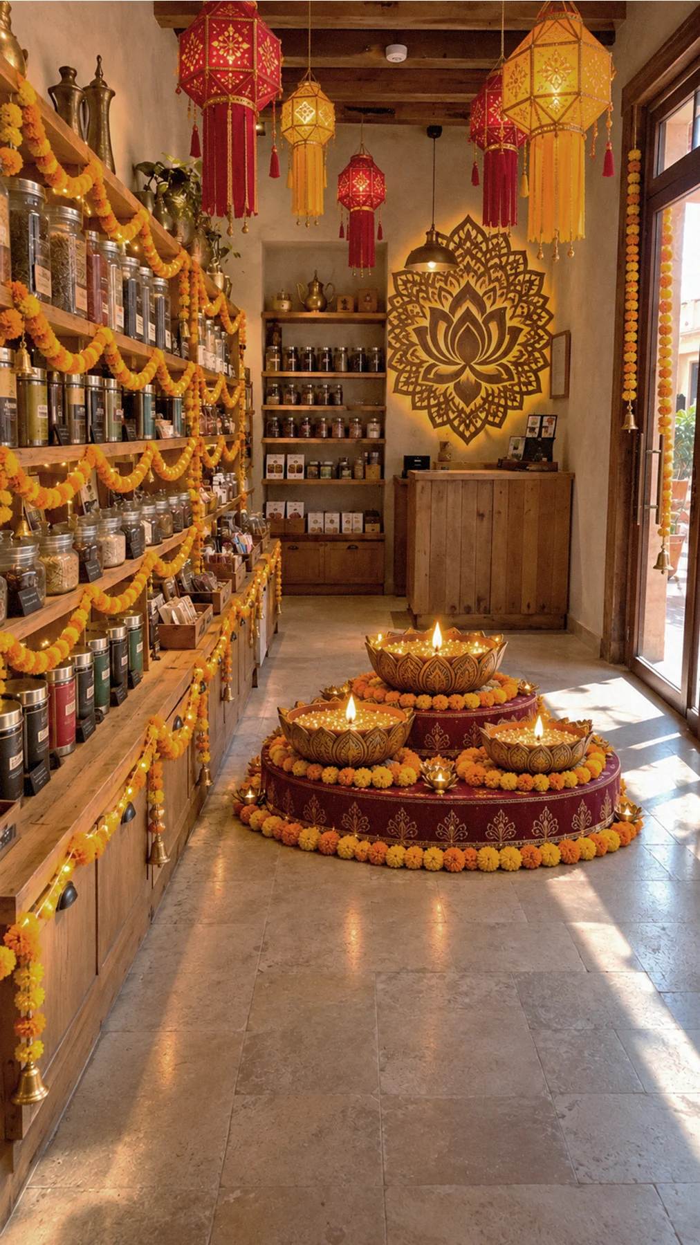 Colourful Diwali décor concept with marigold flowers and traditional motifs
