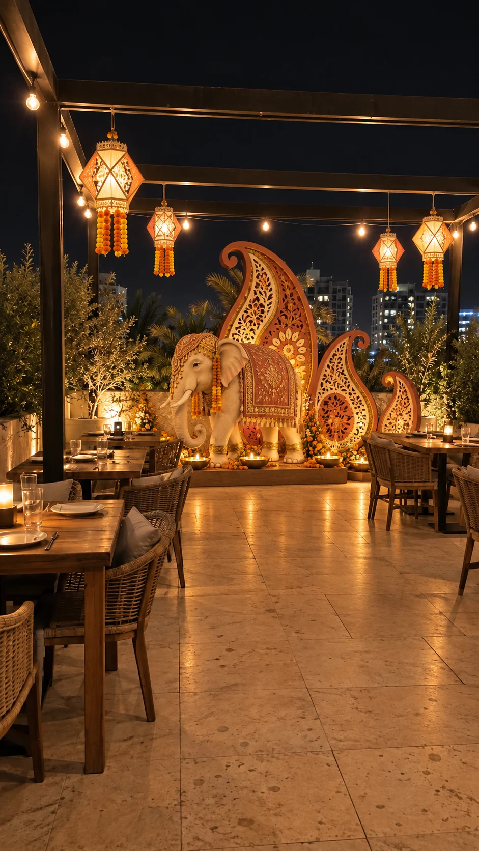 Diwali terrace design concept with glowing lanterns and traditional decorative elements